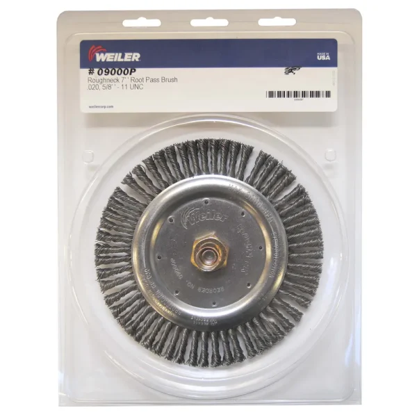 Weiler 09000P Roughneck 7″ Root Pass Weld Cleaning Brush, .020″ Steel Wire Fill, 5/8″-11 UNC Nut, 5/BOX