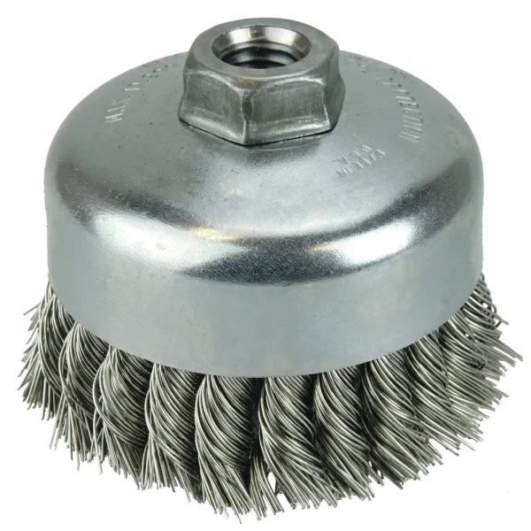 Weiler 12406 4″ Single Row Knot Wire Cup Brush, .014″ Stainless Steel Fill, 5/8″-11 UNC Nut