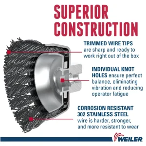 Weiler 12406 4″ Single Row Knot Wire Cup Brush, .014″ Stainless Steel Fill, 5/8″-11 UNC Nut