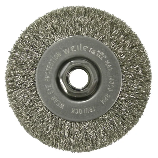 Weiler 13081 4″ Narrow Face Crimped Wire Wheel, .014″ Steel Fill, 5/8″-11 UNC Nut, 5/BOX