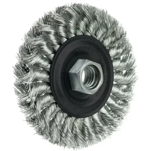 Weiler Standard Twist Knot Wire Wheel 4″, .014″ Stainless Steel Fill, 5/8″-11 UNC Nut 13113