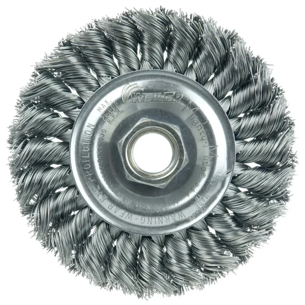 Weiler 13120 Standard Twist Knot Wire Wheel 4″, .020″ Steel Fill, 5/8″-11 UNC Nut, 5/BOX