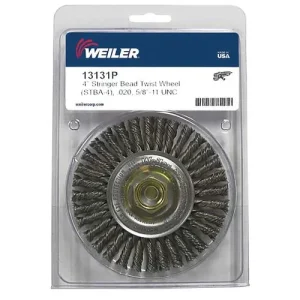 Weiler 13131P Mini Roughneck 4″ Stringer Bead Wire Wheel, .020″ Steel Wire Fill, 5/8″-11 UNC Nut, Retail Pack, 5/BOX