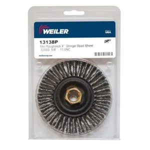 Weiler 13138P Mini Roughneck 4″ Stringer Bead Wire Wheel, .020″ Stainless Steel Fill, 5/8″-11 UNC Nut, Retail Pack, 5/PACK