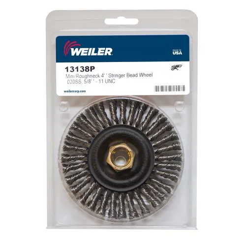 Weiler 13138P Mini Roughneck 4″ Stringer Bead Wire Wheel, .020″ Stainless Steel Fill, 5/8″-11 UNC Nut, Retail Pack, 5/PACK