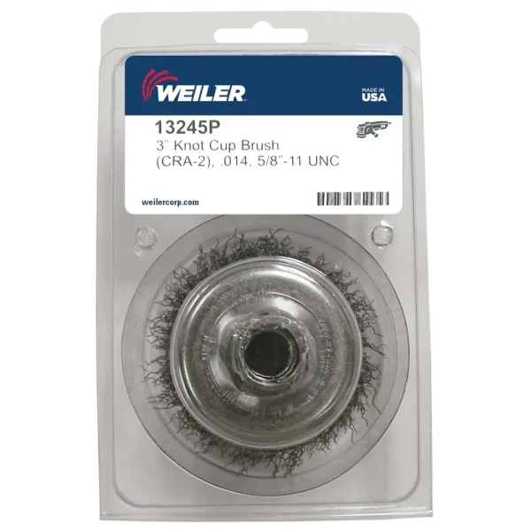 Weiler 13245P 3″ Crimped Wire Cup Brush, .014″ Steel Fill, 5/8″-11 UNC Nut, Retail Pack, 5/PACK