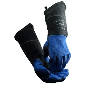 20″ Long, Blue & Charcoal Cowhide Welding Gloves, Kontour™, Side Padding, Reinforced Palm & Thumb