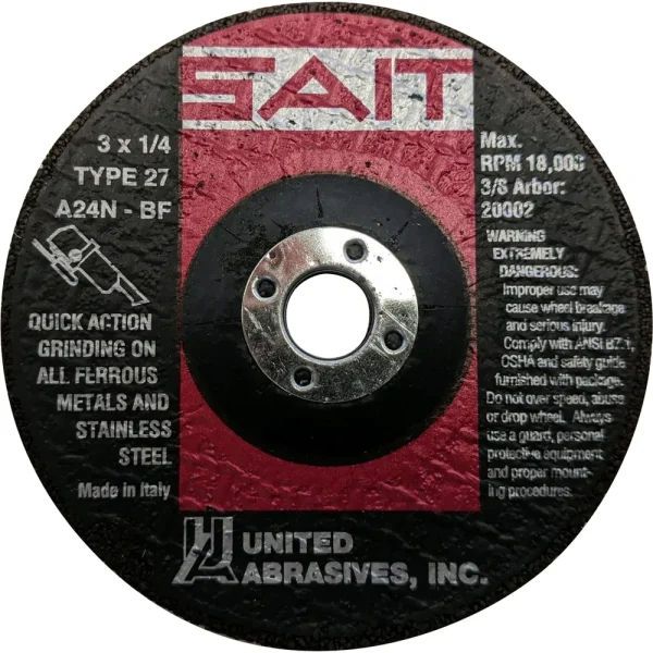 SAIT 20002 A24N Fast Grinding Wheel 3″ x 1/4″ x 3/8″ (Type 27/Depressed Center), 25-Pack