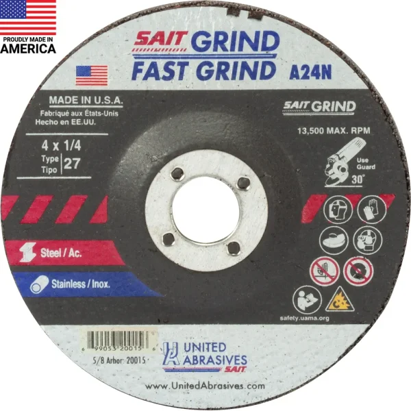 SAIT 20015 A24N Fast Grinding Wheel 4″ x 1/4″ x 5/8″ (Type 27/Depressed Center), 25-Pack