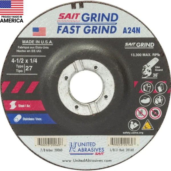 SAIT 20060 A24N Fast Grinding Wheel 4 1/2″ x 1/4″ x 7/8″ (Type 27/Depressed Center), 25-Pack