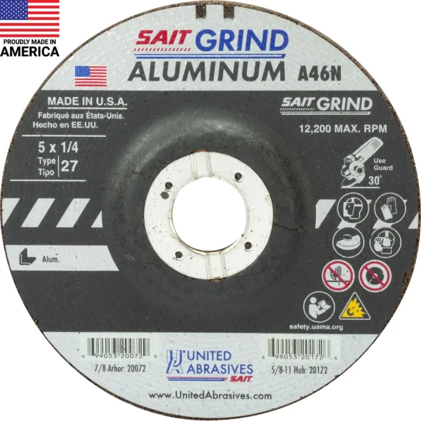 SAIT 20072 A46N Aluminum Grinding Wheel (Type 27/Depressed Center) 5″ x 1/4″ x 7/8″, 25-Pack