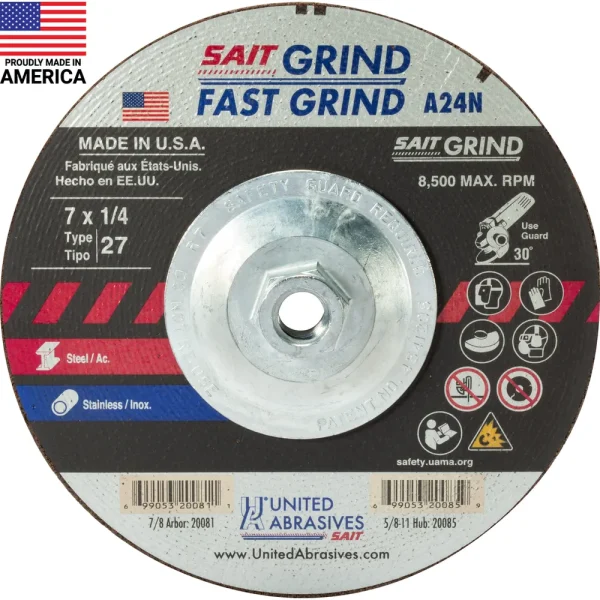 SAIT 20085 A24N Fast Grinding Wheel 7″ x 1/4″ x 5/8-11″ Type 27 with Super-Lockâ„¢ Hub, 10 Pack