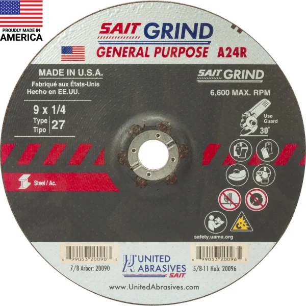 SAIT 20090 A24R General Purpose/Long Life Grinding Wheel (Type 27/Depressed Center) 9″ x 1/4″ x 7/8″, 25-Pack