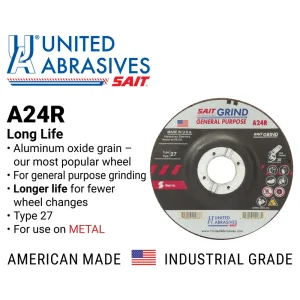 SAIT 20090 A24R General Purpose/Long Life Grinding Wheel (Type 27/Depressed Center) 9″ x 1/4″ x 7/8″, 25-Pack