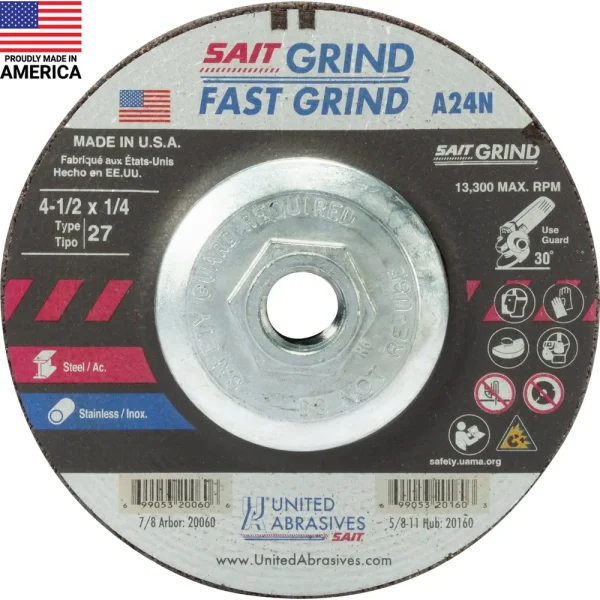 SAIT 20160 A24N Fast Grinding Wheel 4 1/2″ x 1/4″ x 5/8-11″ (Type 27/Depressed Center) with Super-Lockâ„¢ Hub, 10 Pack