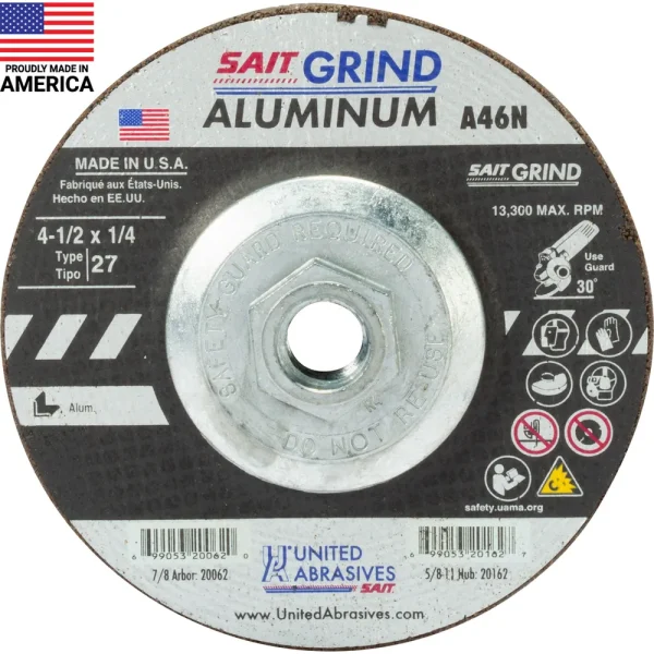 SAIT 20162 A46N Aluminum Grinding Wheel (Type 27/Depressed Center) 4 1/2″ x 1/4″ x 5/8-11″, 10-Pack