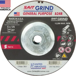 SAIT 20173 A24R General Purpose/Long Life Grinding Wheel [Type 27/Depressed Center] 5″ x 1/4″ x 5/8-11″, 10-Pack