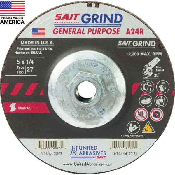 SAIT 20173 A24R General Purpose/Long Life Grinding Wheel [Type 27/Depressed Center] 5″ x 1/4″ x 5/8-11″, 10-Pack