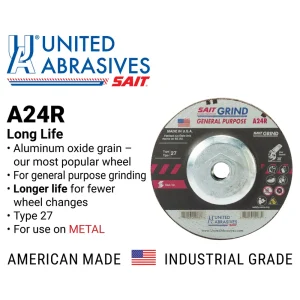 SAIT 20173 A24R General Purpose/Long Life Grinding Wheel [Type 27/Depressed Center] 5″ x 1/4″ x 5/8-11″, 10-Pack