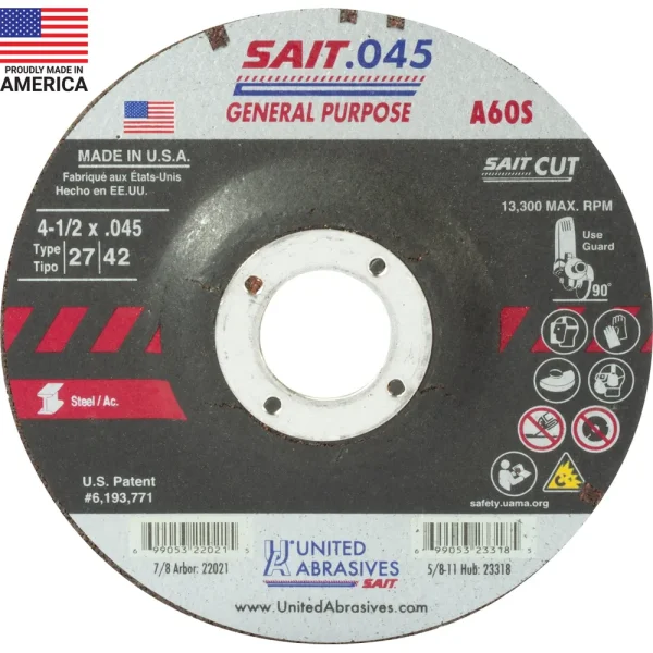 SAIT 22021 A60S General Purpose Cut-Off Wheels (Type 27/Type 42 Depressed Center) 4 1/2″ x .045″ x 7/8″, 50-Pack