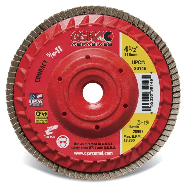 CGW Abrasives 30144 Plastic Backing Flap Discs with Internal 5/8-11 Threads – Zirconia – Size 4-1/2 x 5/8-11 – Grit 60, 10/BOX
