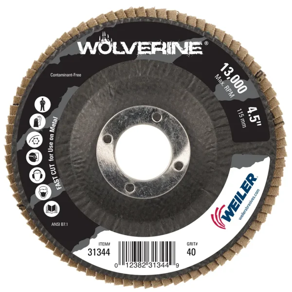 Weiler 31344 4-1/2″ Wolverine Abrasive Flap Disc, Conical (TY29), Phenolic Backing, 40Z, 7/8″ Arbor Hole, 10/BOX