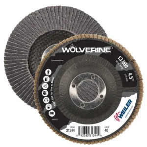 Weiler 31344 4-1/2″ Wolverine Abrasive Flap Disc, Conical (TY29), Phenolic Backing, 40Z, 7/8″ Arbor Hole, 10/BOX