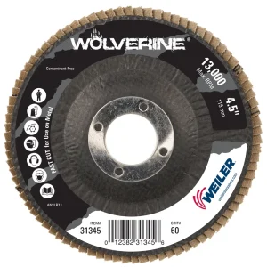 Weiler 31345 4-1/2″ Wolverine Abrasive Flap Disc, Conical (TY29), Phenolic Backing, 60Z, 7/8″ Arbor Hole, 10/BOX