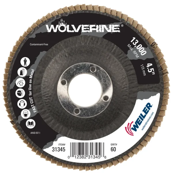 Weiler 31345 4-1/2″ Wolverine Abrasive Flap Disc, Conical (TY29), Phenolic Backing, 60Z, 7/8″ Arbor Hole, 10/BOX