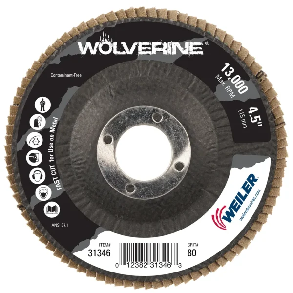 Weiler 31346 4-1/2″ Wolverine Abrasive Flap Disc, Conical (TY29), Phenolic Backing, 80Z, 7/8″ Arbor Hole, 10/BOX