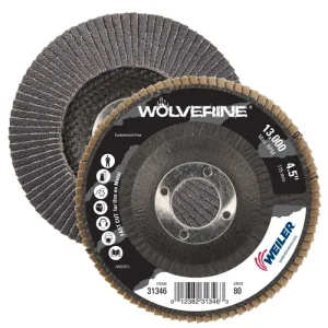 Weiler 31346 4-1/2″ Wolverine Abrasive Flap Disc, Conical (TY29), Phenolic Backing, 80Z, 7/8″ Arbor Hole, 10/BOX