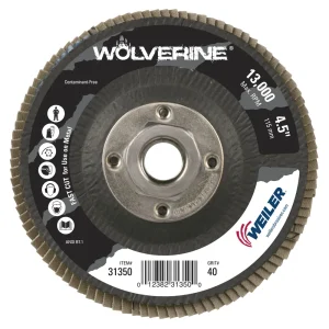 Weiler 31350 4-1/2″ Wolverine Abrasive Flap Disc, Conical (TY29), Phenolic Backing, 40Z, 5/8″-11 UNC Nut, 10/BOX