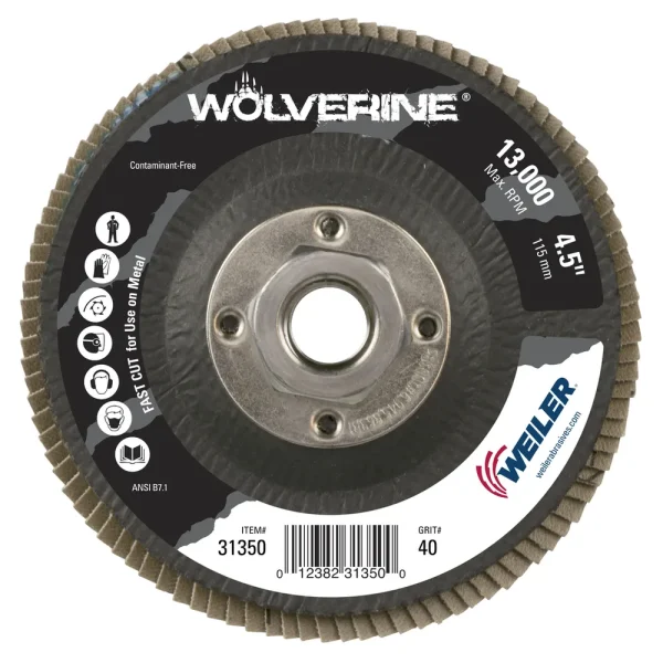Weiler 31350 4-1/2″ Wolverine Abrasive Flap Disc, Conical (TY29), Phenolic Backing, 40Z, 5/8″-11 UNC Nut, 10/BOX