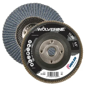 Weiler 31350 4-1/2″ Wolverine Abrasive Flap Disc, Conical (TY29), Phenolic Backing, 40Z, 5/8″-11 UNC Nut, 10/BOX
