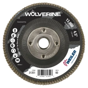 Weiler 31351 4-1/2″ Wolverine Abrasive Flap Disc, Conical (TY29), Phenolic Backing, 60Z, 5/8″-11 UNC Nut, 10/BOX