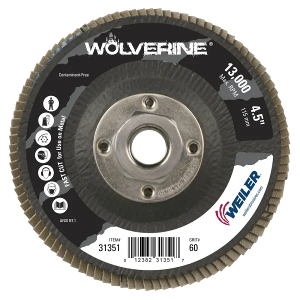 Weiler 31351 4-1/2″ Wolverine Abrasive Flap Disc, Conical (TY29), Phenolic Backing, 60Z, 5/8″-11 UNC Nut, 10/BOX
