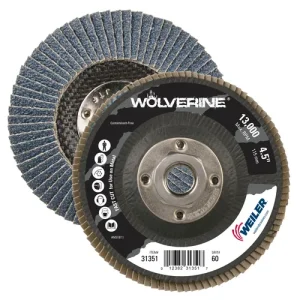 Weiler 31351 4-1/2″ Wolverine Abrasive Flap Disc, Conical (TY29), Phenolic Backing, 60Z, 5/8″-11 UNC Nut, 10/BOX