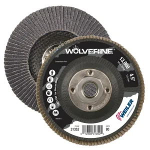 Weiler 31352 4-1/2″ Wolverine Abrasive Flap Disc, Conical (TY29), Phenolic Backing, 80Z, 5/8″-11 UNC Nut, 10/BOX