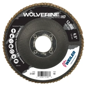 Weiler 31387 4-1/2″ Wolverine High Density Flap Disc, Flat (TY27), Phenolic Backing, 40Z, 7/8″ Arbor Hole, 10/BOX