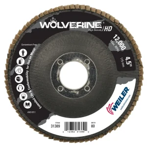 Weiler 31389 4-1/2″ Wolverine High Density Flap Disc, Flat (TY27), Phenolic Backing, 80Z, 7/8″ Arbor Hole, 10/BOX
