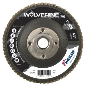 Weiler 31390 4-1/2″ Wolverine High Density Flap Disc, Flat (TY27), Phenolic Backing, 40Z, 5/8″-11 UNC Nut, 10/BOX