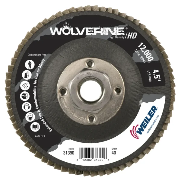 Weiler 31390 4-1/2″ Wolverine High Density Flap Disc, Flat (TY27), Phenolic Backing, 40Z, 5/8″-11 UNC Nut, 10/BOX