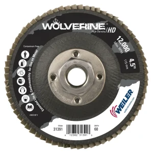 Weiler 31391 4-1/2″ Wolverine High Density Flap Disc, Flat (TY27), Phenolic Backing, 60Z, 5/8″-11 UNC Nut, 10/BOX
