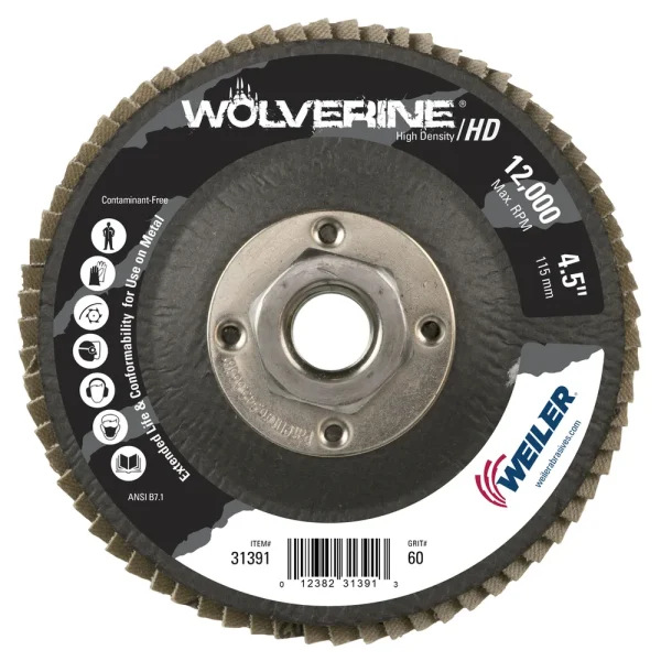 Weiler 31391 4-1/2″ Wolverine High Density Flap Disc, Flat (TY27), Phenolic Backing, 60Z, 5/8″-11 UNC Nut, 10/BOX