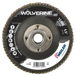 Weiler 31392 4-1/2″ Wolverine High Density Flap Disc, Flat (TY27), Phenolic Backing, 80Z, 5/8″-11 UNC Nut, 10/BOX