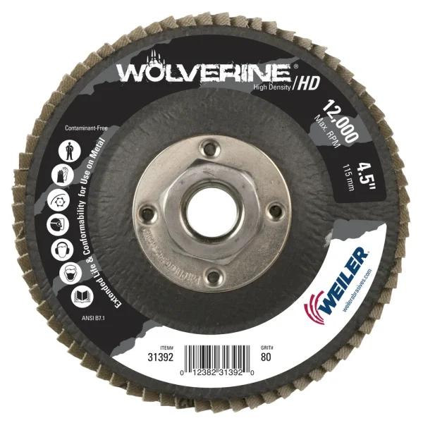 Weiler 31392 4-1/2″ Wolverine High Density Flap Disc, Flat (TY27), Phenolic Backing, 80Z, 5/8″-11 UNC Nut, 10/BOX