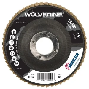 Weiler 31402 4-1/2″ Wolverine Abrasive Flap Disc, Flat (TY27), Phenolic Backing, 40Z, 7/8″ Arbor Hole, 10/BOX
