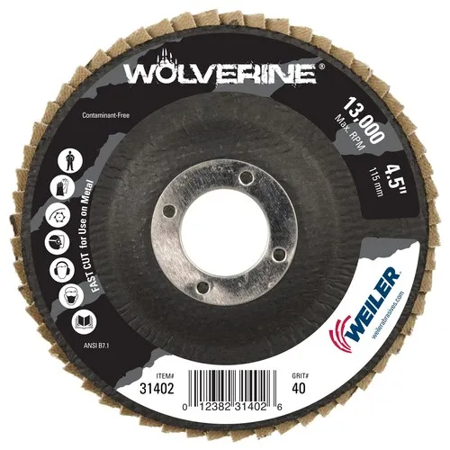Weiler 31402 4-1/2″ Wolverine Abrasive Flap Disc, Flat (TY27), Phenolic Backing, 40Z, 7/8″ Arbor Hole, 10/BOX