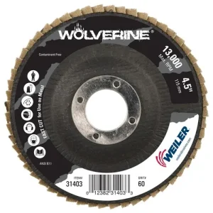 Weiler 31403 4-1/2″ Wolverine Abrasive Flap Disc, Flat (TY27), Phenolic Backing, 60Z, 7/8″ Arbor Hole, 10/BOX
