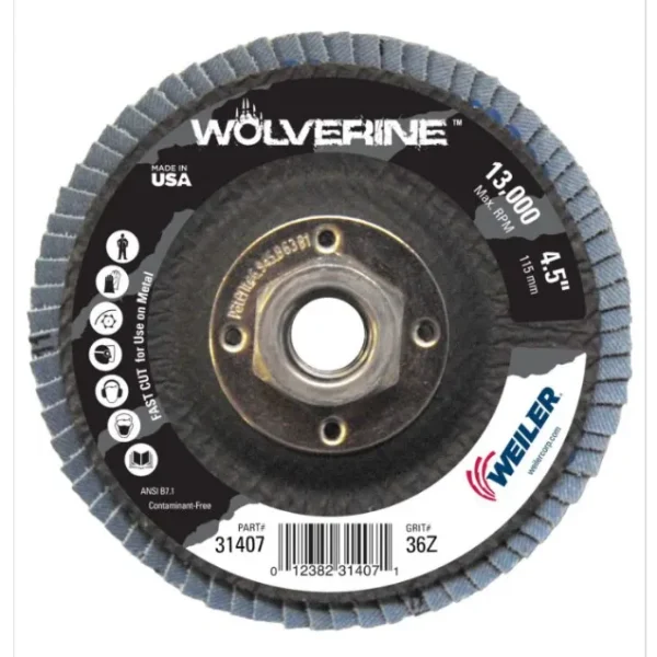 WEILER 31405 4-1/2″X7/8″AH T27, 8 OZ. WOLVERINE ABRASIVE FLAP DISC, 10/BOX